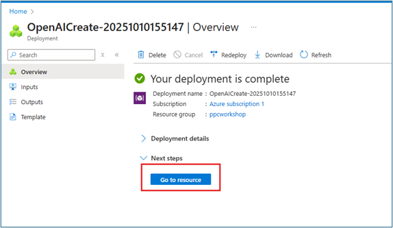 Azure OpenAI deployment completion screen with Go to resource button