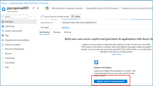 Azure OpenAI resource overview with Explore Azure AI Foundry portal button
