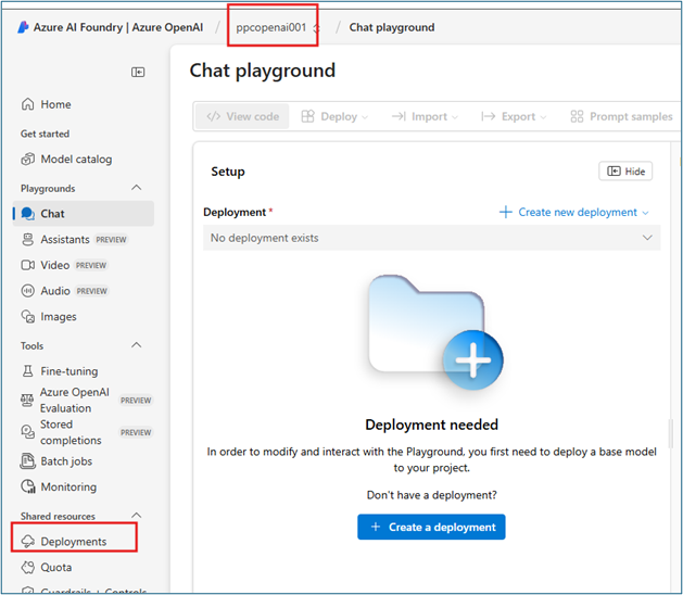 Azure AI Foundry portal showing selected Azure OpenAI resource with Deployments menu option