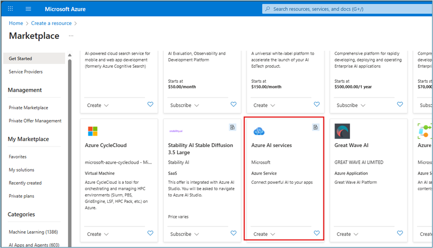 Azure Portal search showing Azure AI services in search results