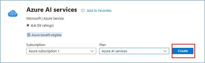 Azure AI services overview page with Create button