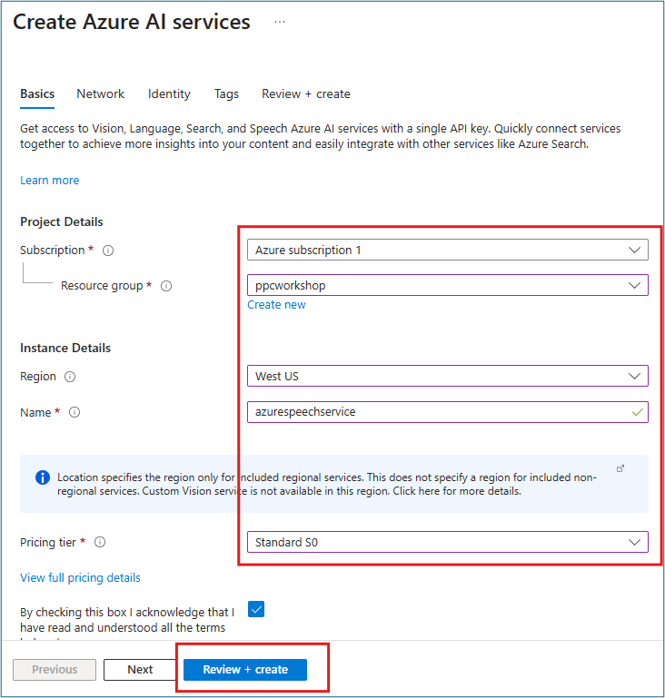 Azure AI services creation form with subscription, resource group, region, name, and pricing tier configuration