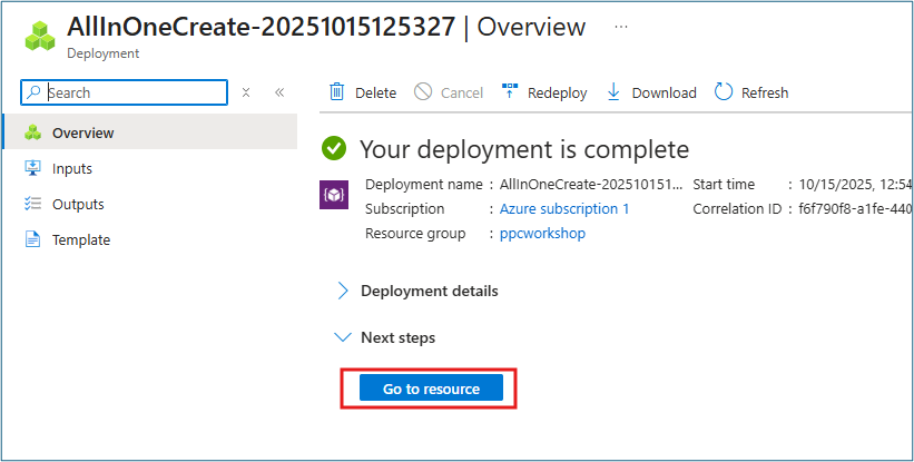 Azure AI services deployment completion screen with Go to resource button