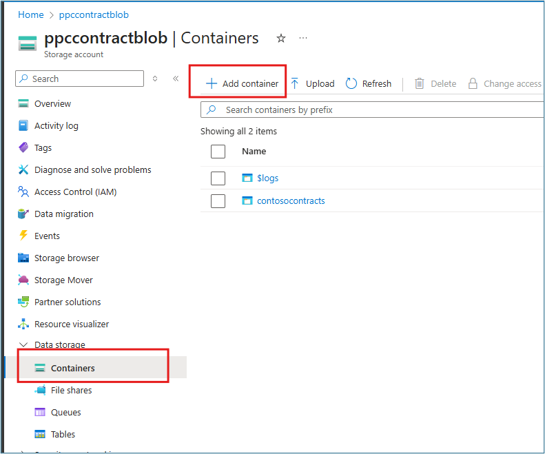 Azure Blob Storage account Containers page with Add container button for creating audio files container