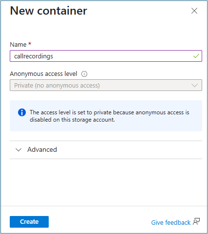 New container dialog with container name field and Create button for audio files storage