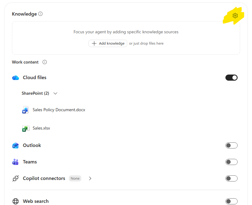 Knowledge section with the Settings icon highlighted