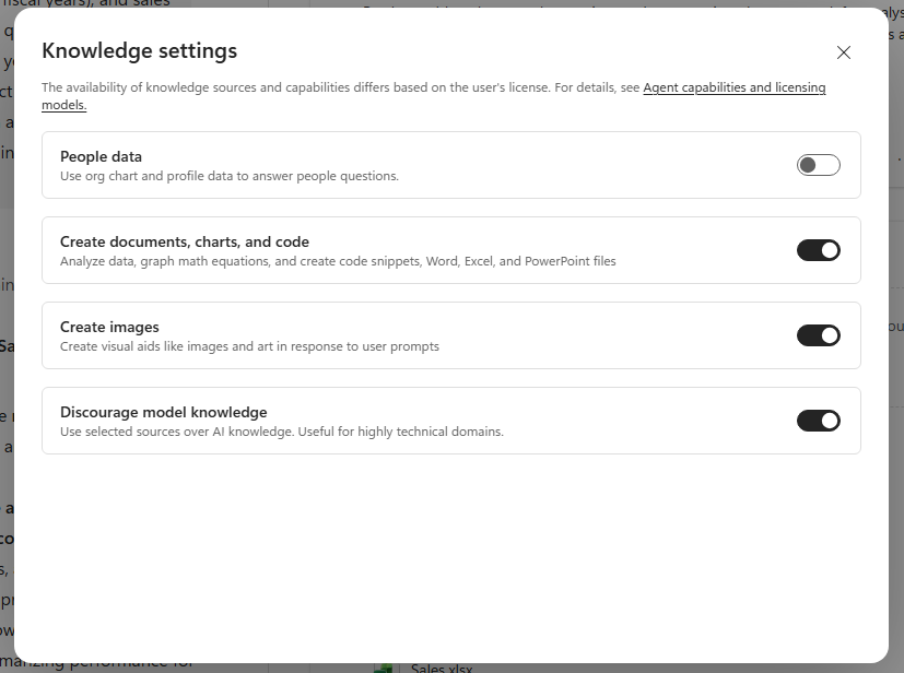 Knowledge settings with advanced capabilities enabled