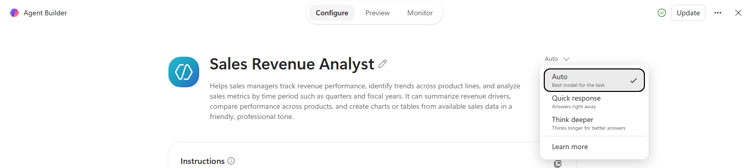 Reasoning mode selector with Auto, Quick response, and Think deeper options