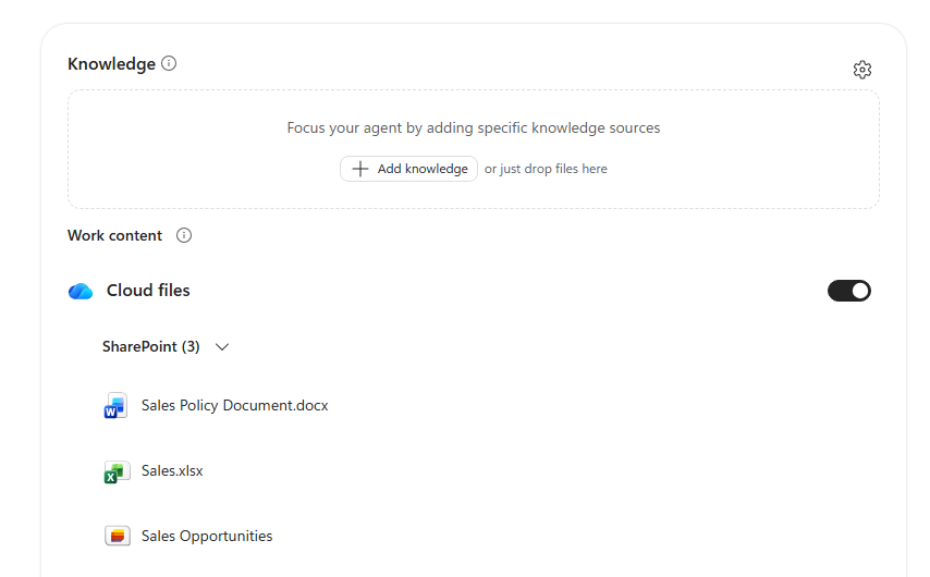 Sales Opportunities SharePoint list added as agent knowledge