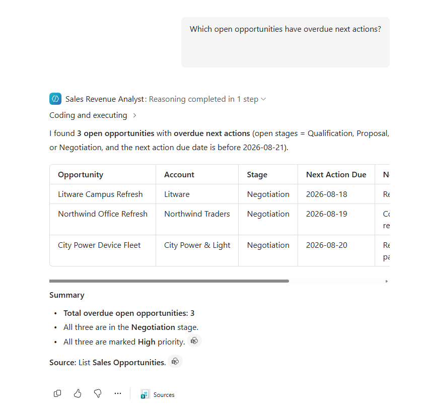 Agent response showing overdue open opportunities from the SharePoint list