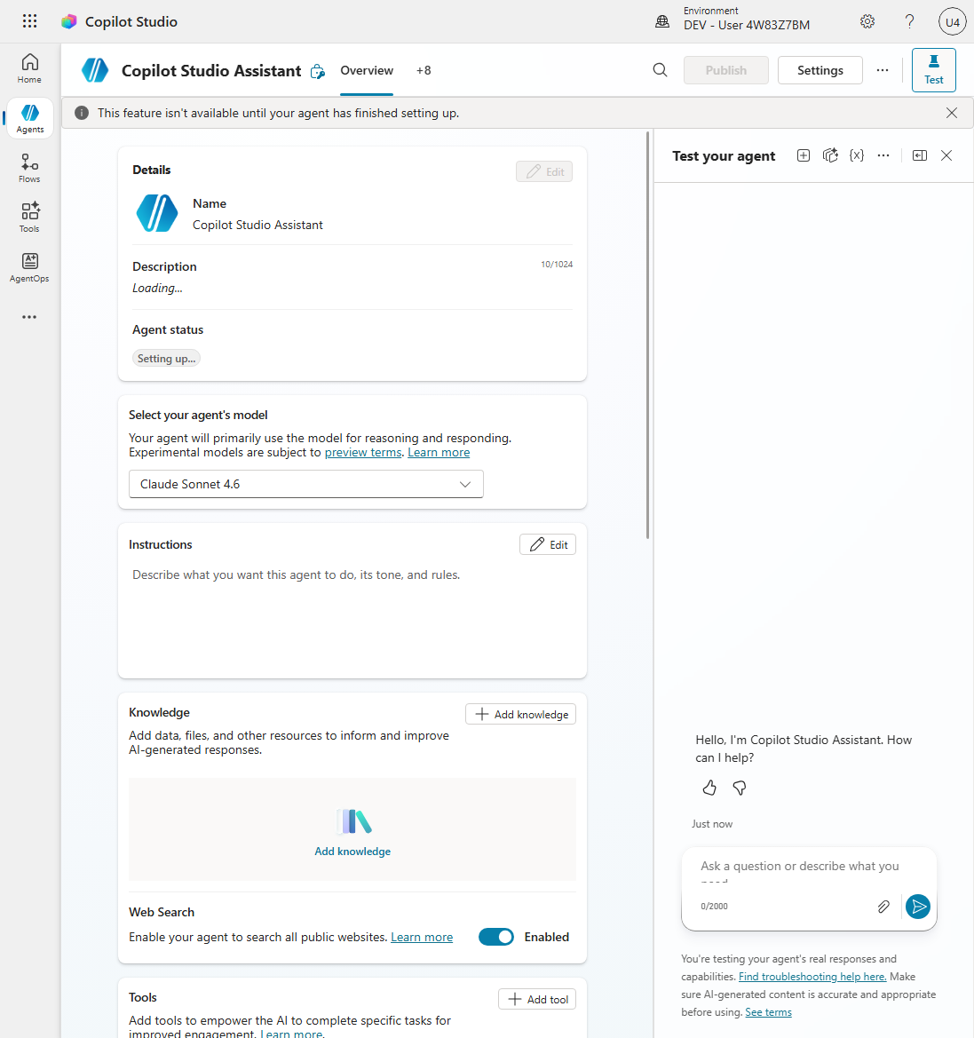 Provisioned Copilot Studio Assistant agent on its Overview page