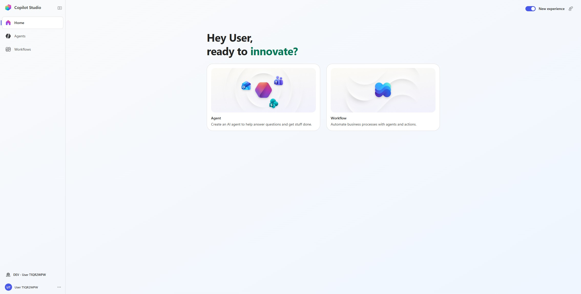 New experience Home with Agent and Workflow cards