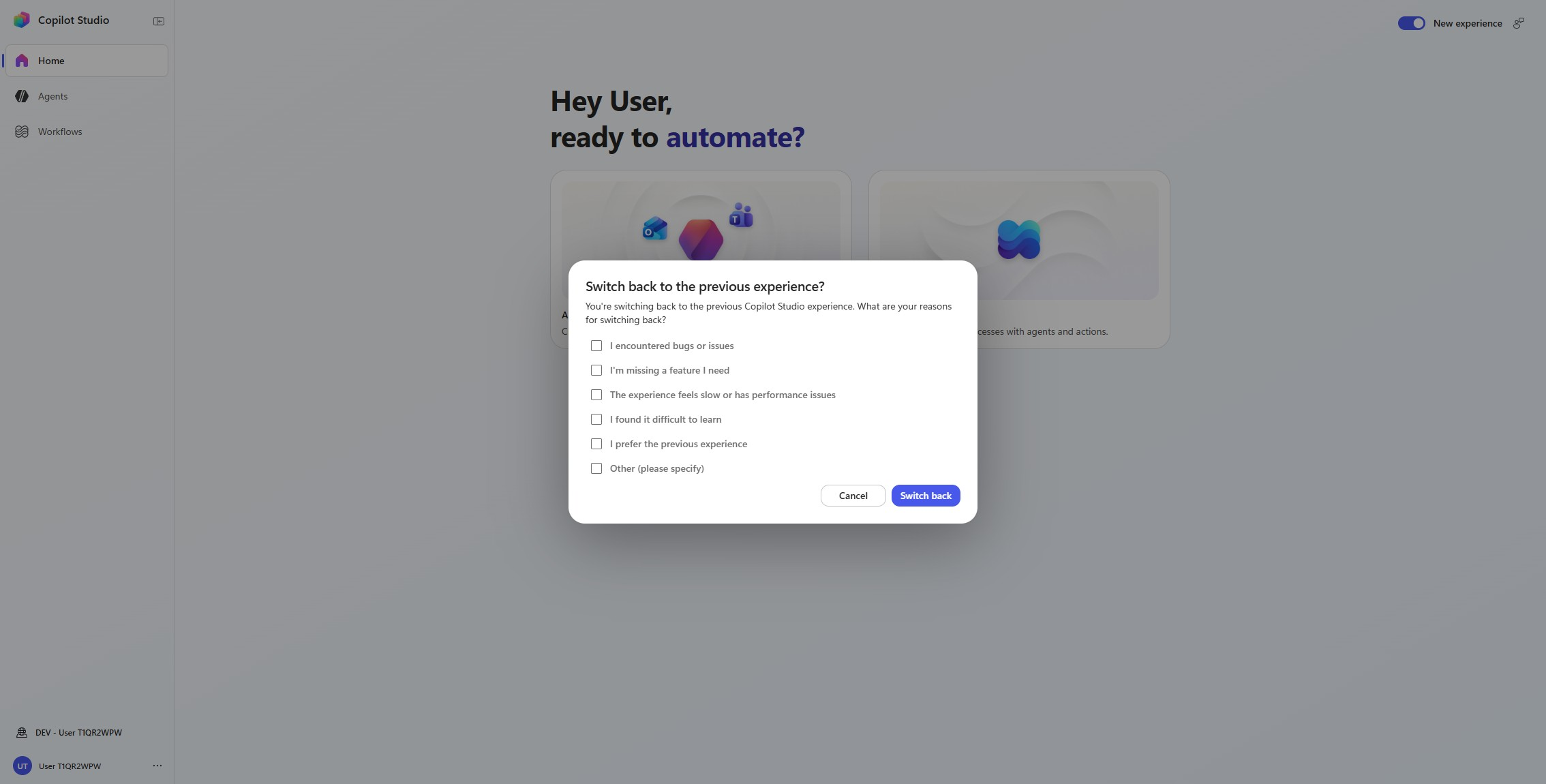 Switch back to the previous experience dialog