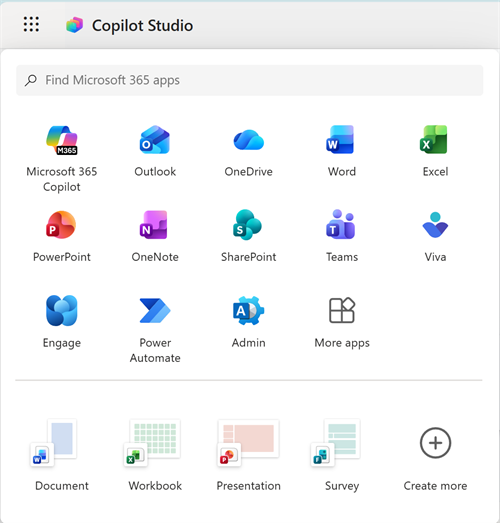 Microsoft 365 app launcher opened from Copilot Studio, with Teams highlighted