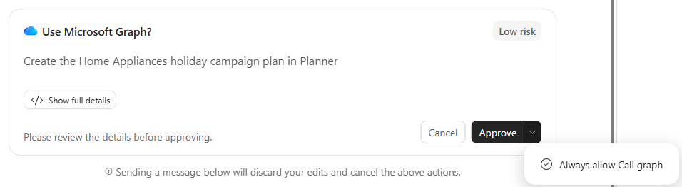 The Microsoft Graph consent card with the Approve dropdown open, showing Always allow Call graph