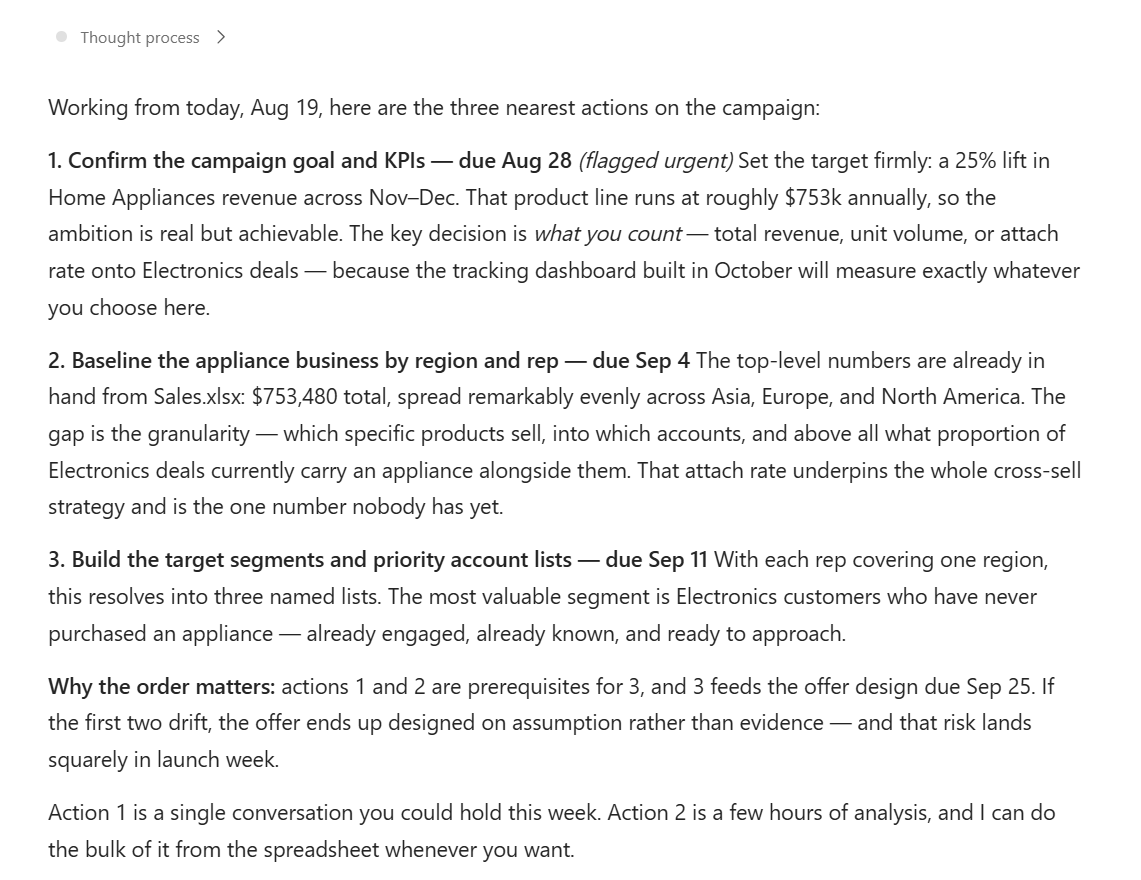 Cowork identifies the three nearest campaign actions and explains the dependencies between them