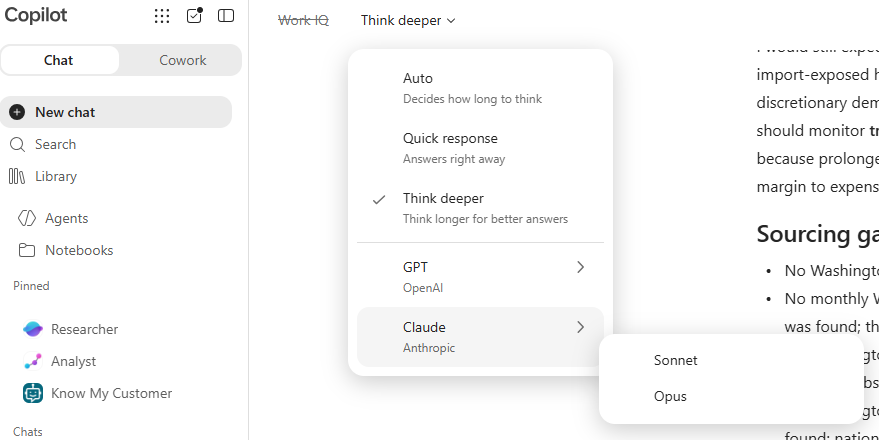 Claude model selected in Microsoft 365 Copilot