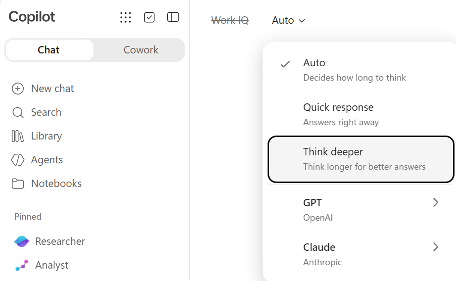 Think deeper reasoning mode selected in Microsoft 365 Copilot