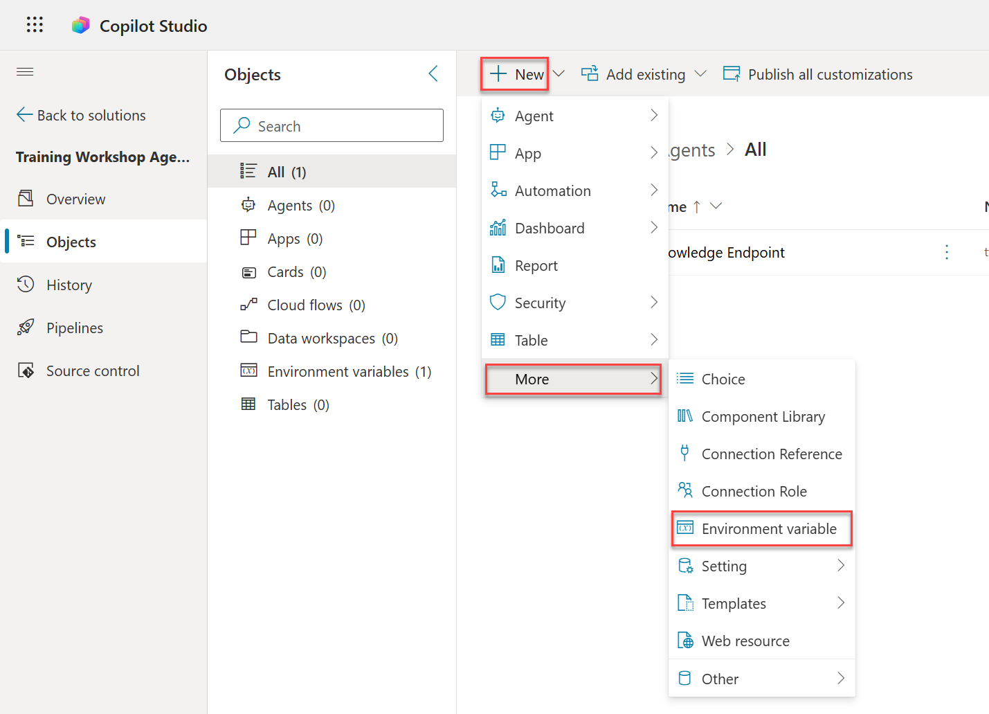 Copilot Studio showing New menu expanded with Environment variable option highlighted