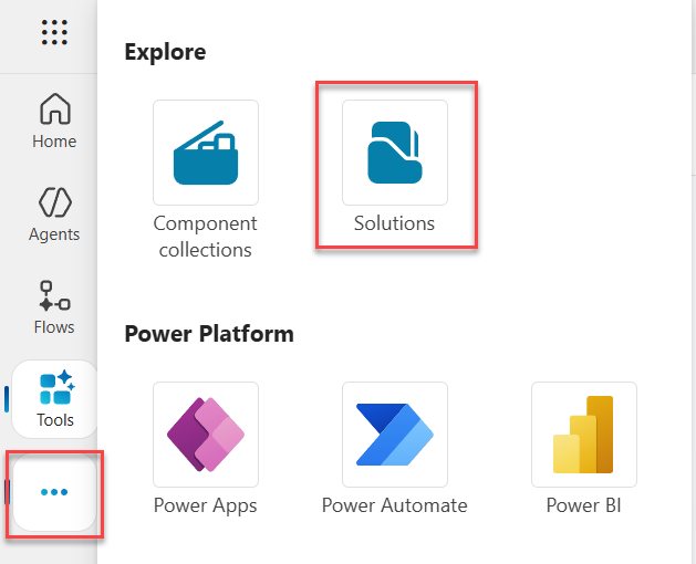 Copilot Studio navigation menu with Solutions option highlighted