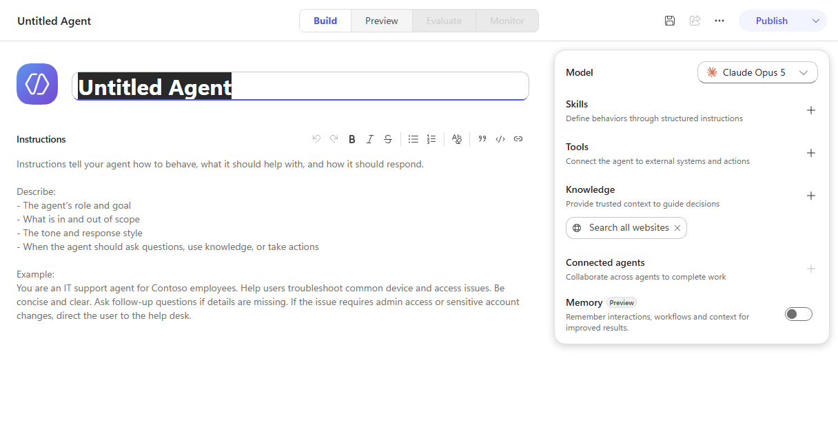 The new agent designer, before anything is configured