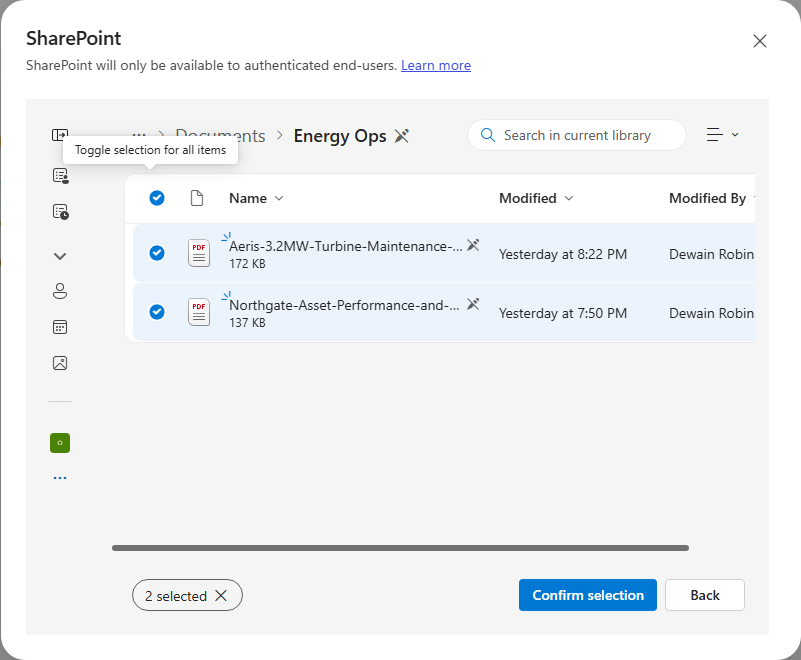 Both Energy Ops documents selected in the SharePoint picker