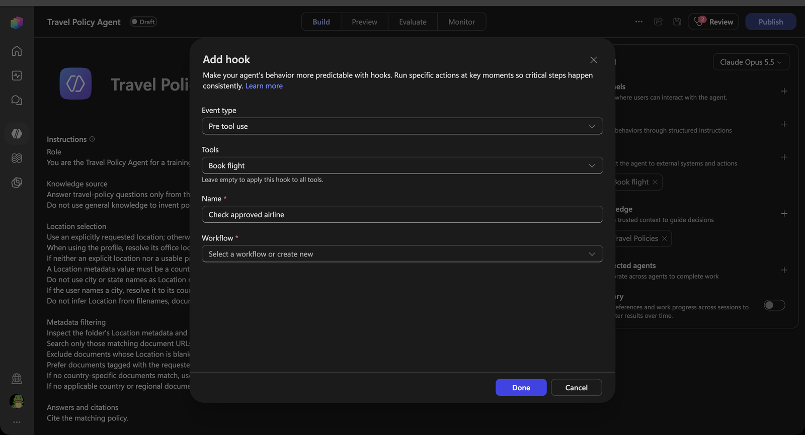 Add hook dialog with Pre tool use and the Book flight tool