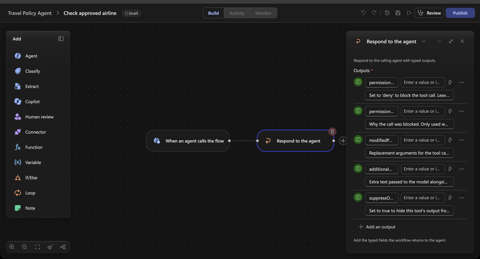 Pre tool use starter workflow: the Respond node with its five optional outputs