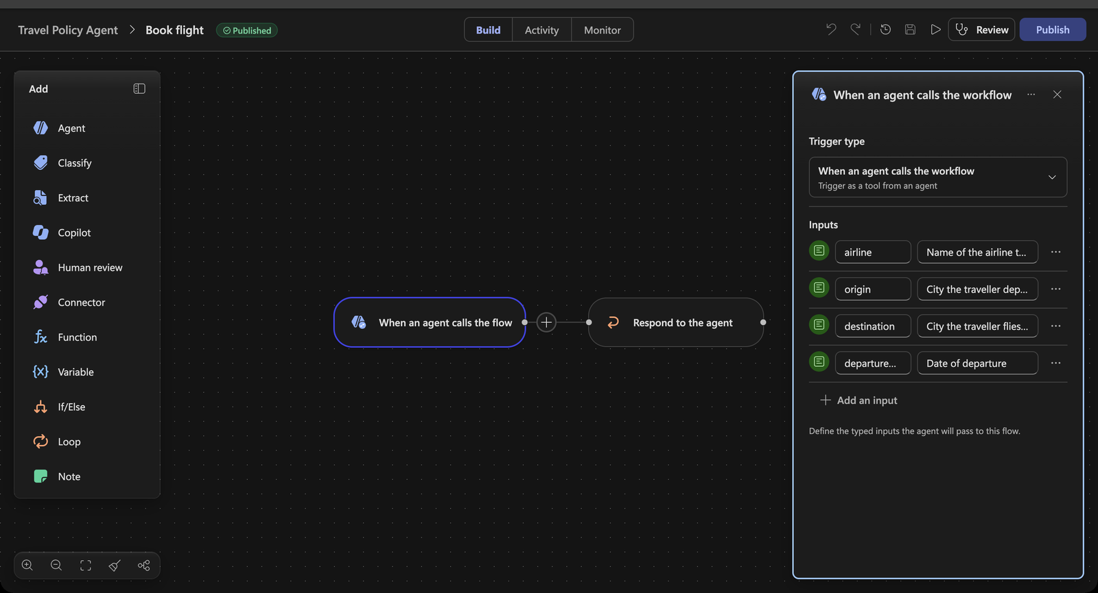 Book flight workflow: four inputs and a Respond node returning the simulated booking