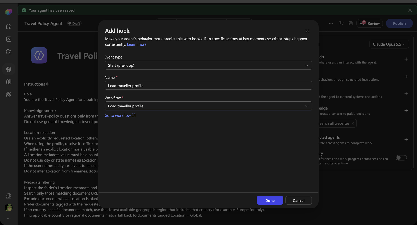 Add hook dialog with the Load traveller profile workflow selected
