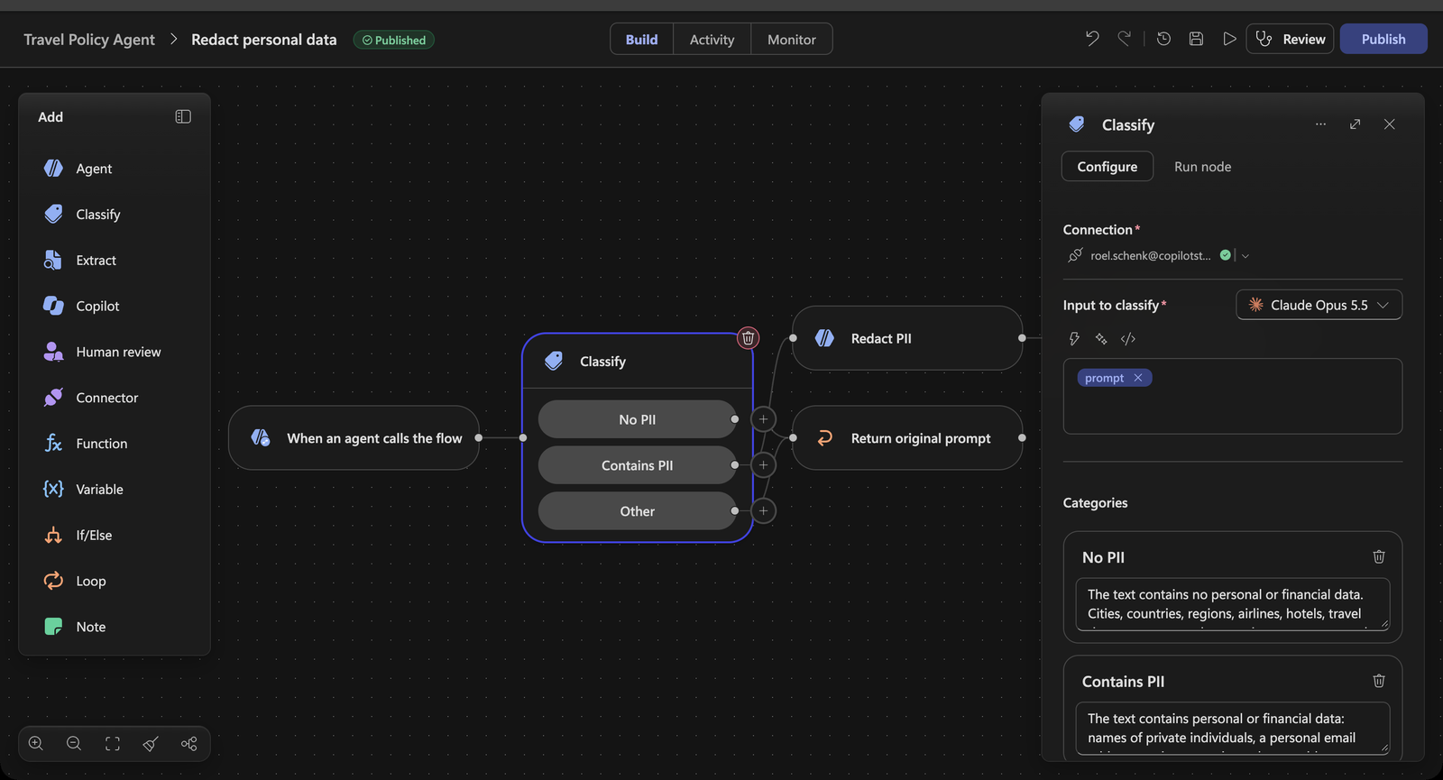 Classify node with the No PII and Contains PII categories
