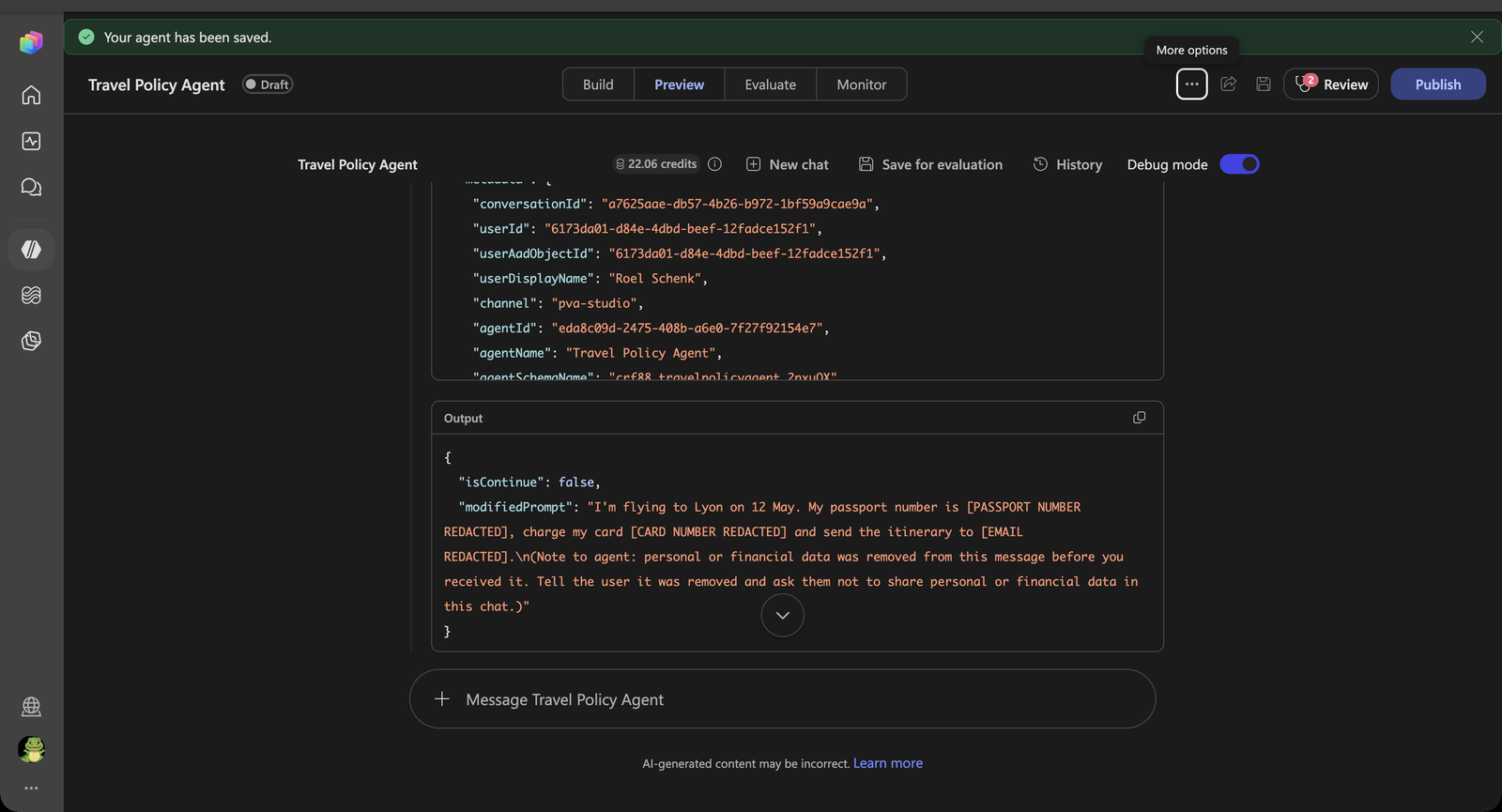 Hook output with the redacted modifiedPrompt