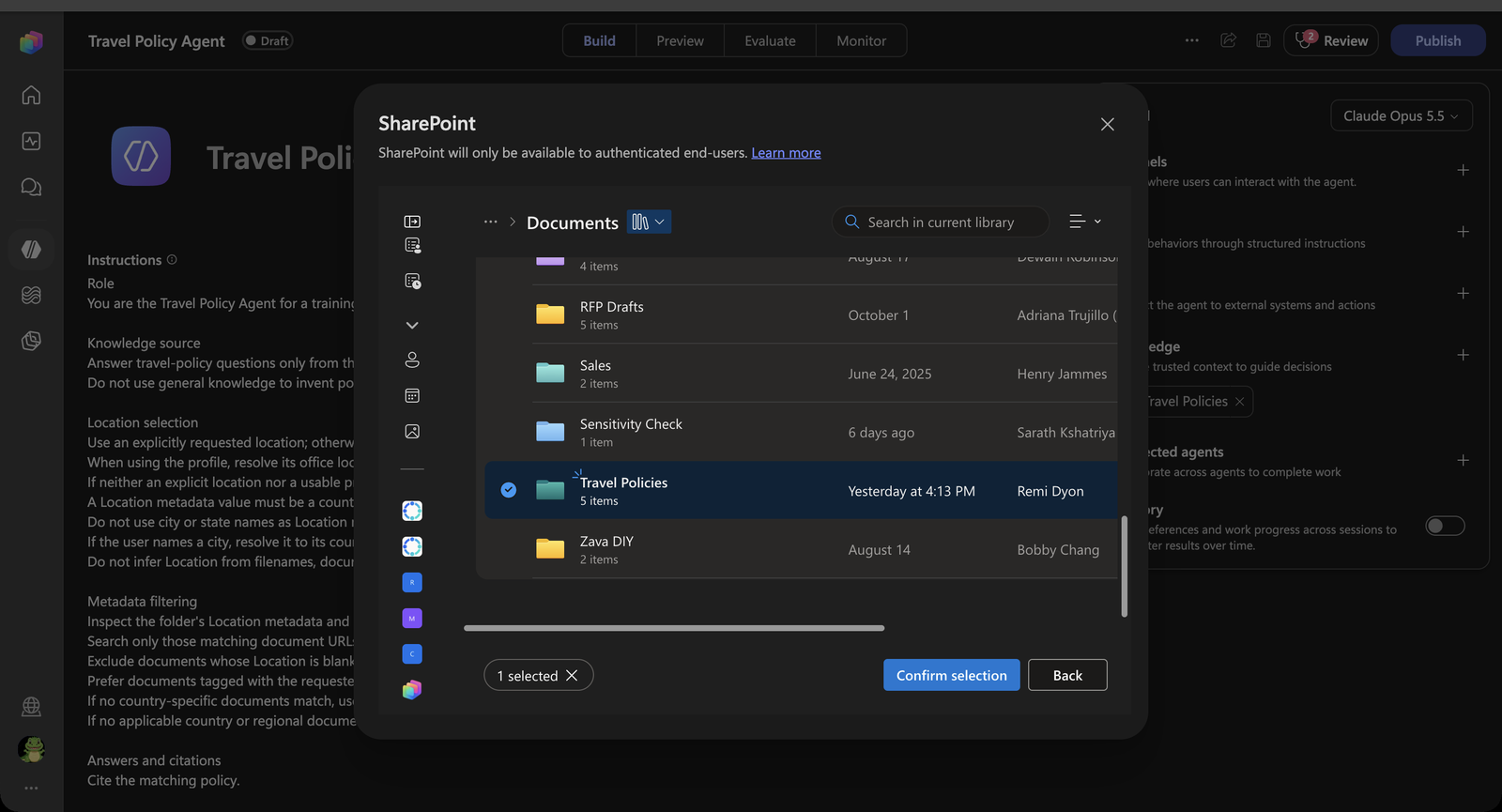 Travel Policies folder selected in the SharePoint browser