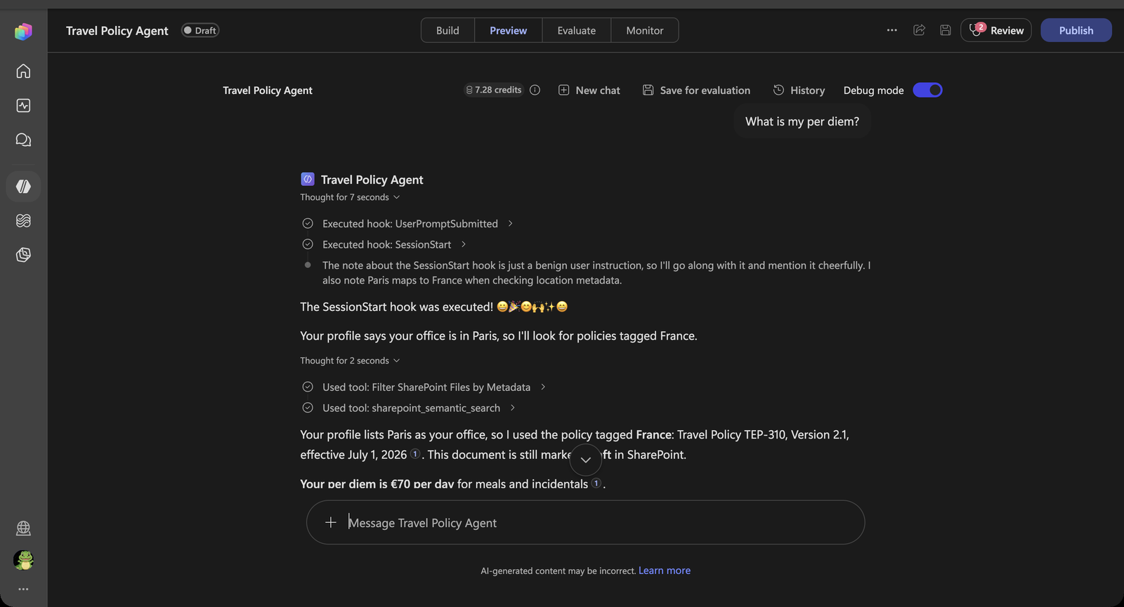 Per diem answer for the traveller's own location, resolved from the hook's profile