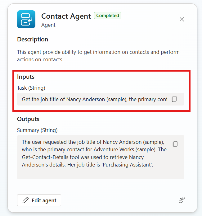Activity tracker — Contact Agent dispatch with resolved Task input