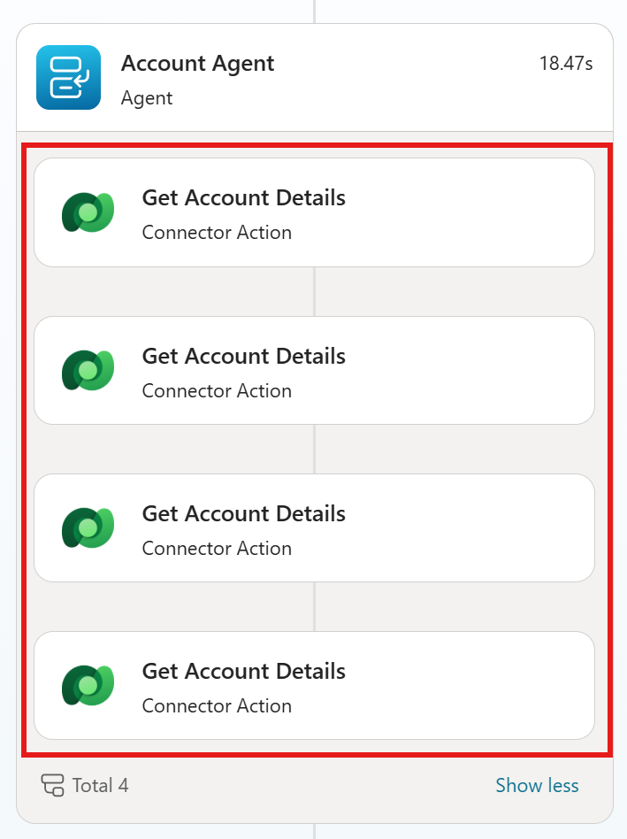 Activity tracker — 4 Get Account Details calls under Account Agent