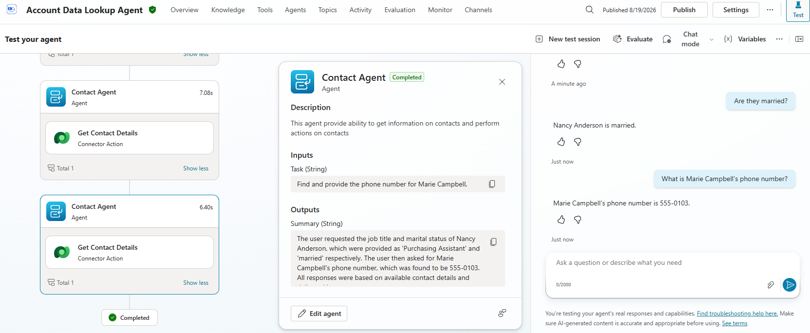Activity tracker — direct dispatch to Contact Agent for Marie Campbell's phone number