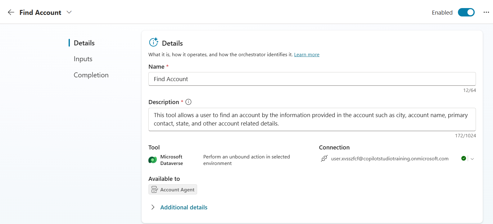 Find Account tool — Details