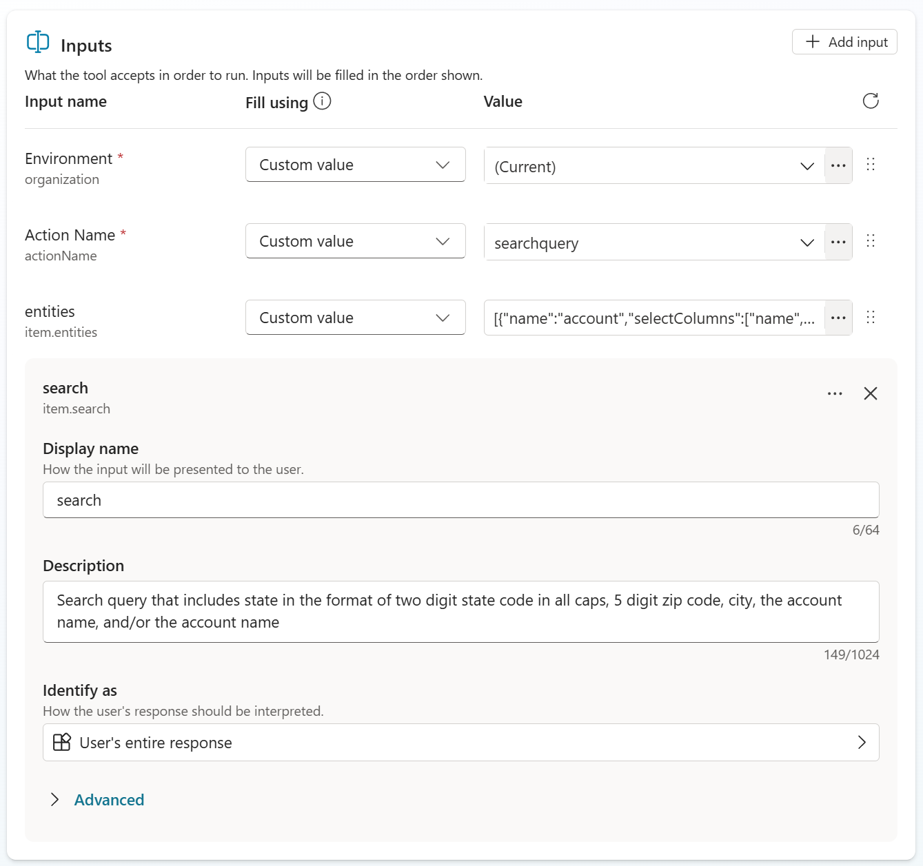 Find Account tool — Inputs