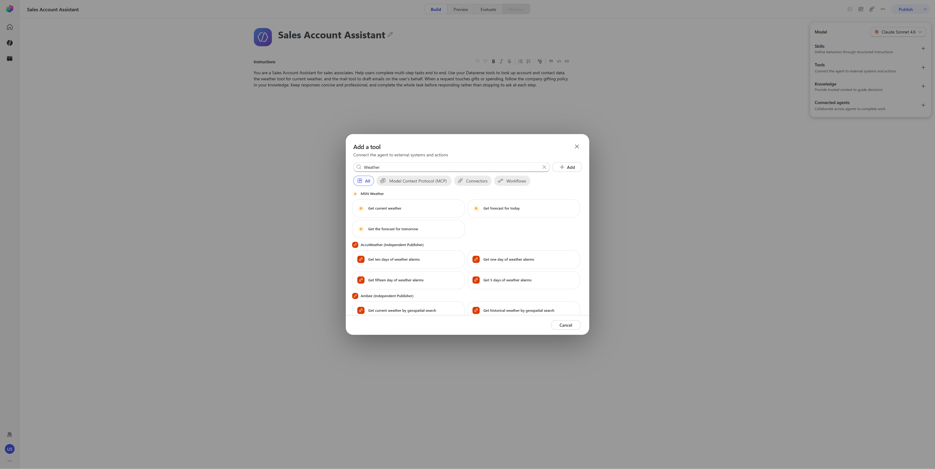 Add tool – MSN Weather Get current weather