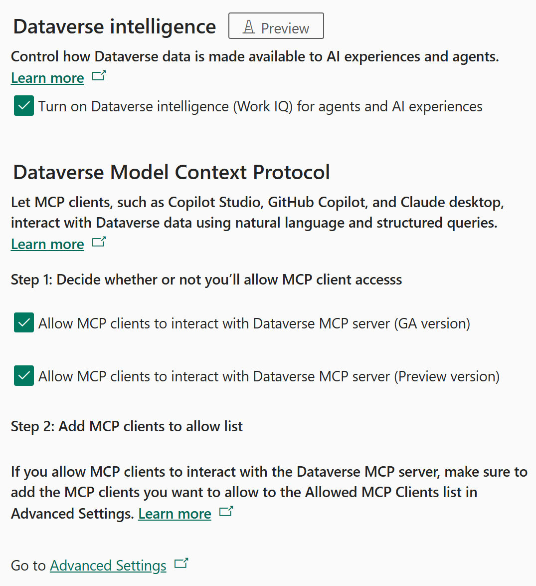 WorkIQ + Dataverse MCP feature settings