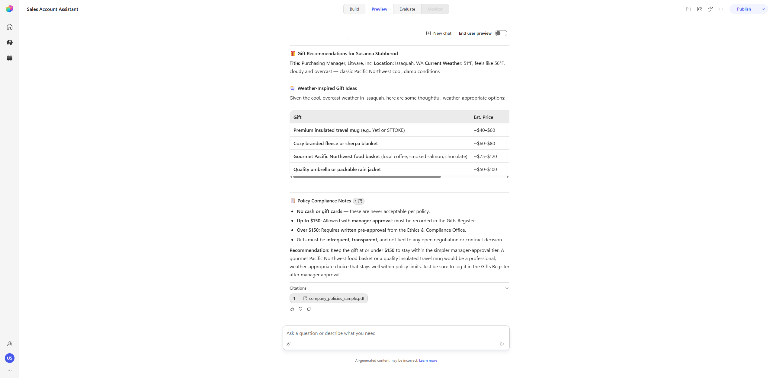 Reasoning loop – multi-tool gift recommendation with policy citation