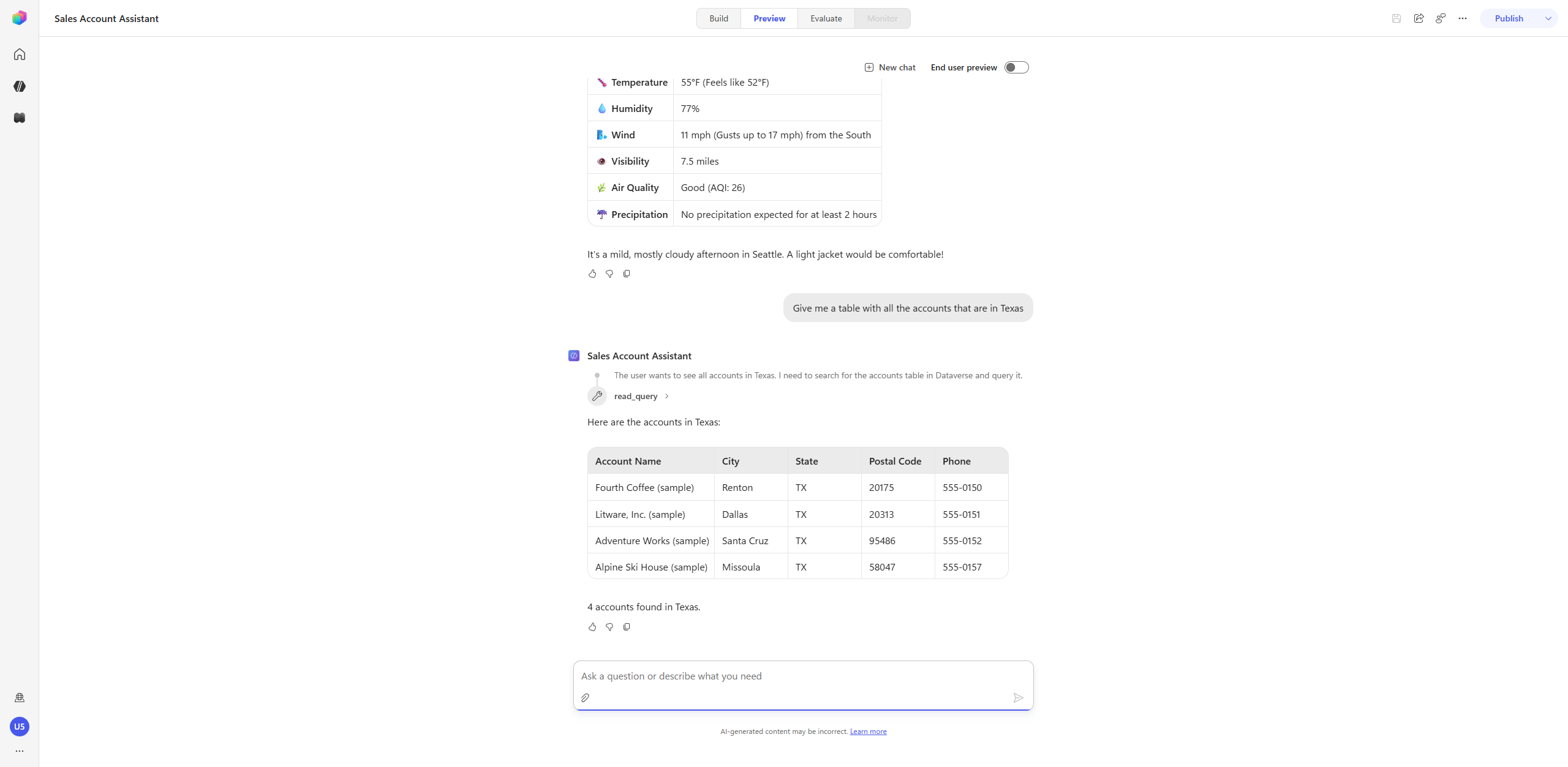 Reasoning loop – read_query returns Texas accounts