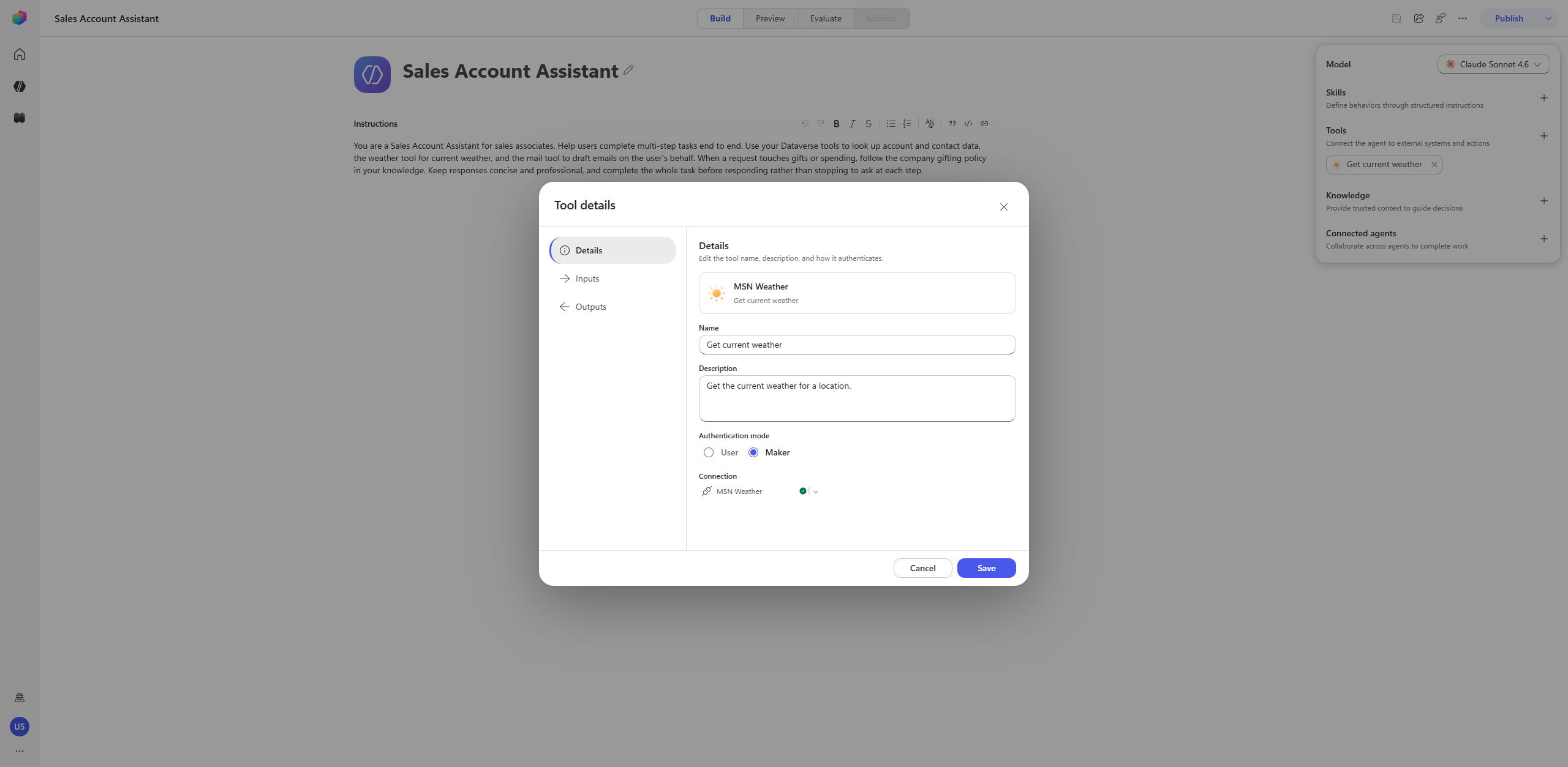Tool details – Authentication mode set to Maker with a connection