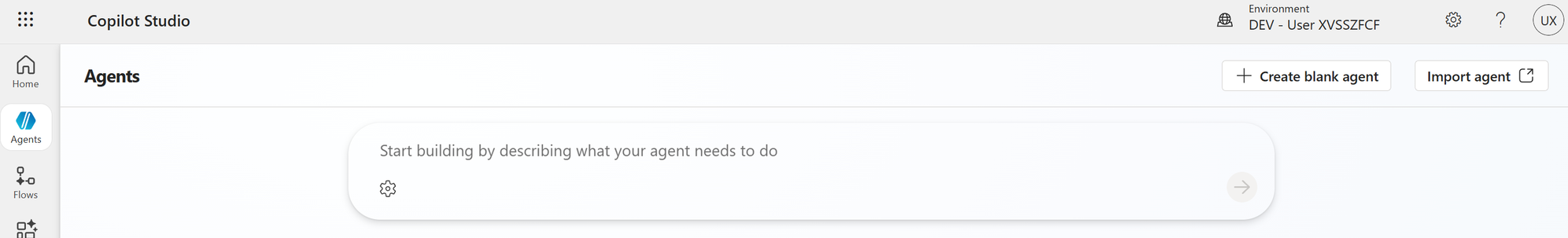 Agents page with the Create blank agent button