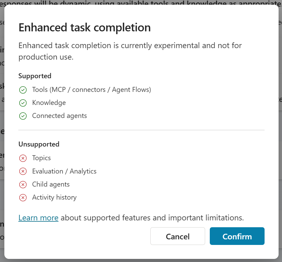 Enhanced task completion — supported / unsupported confirmation dialog