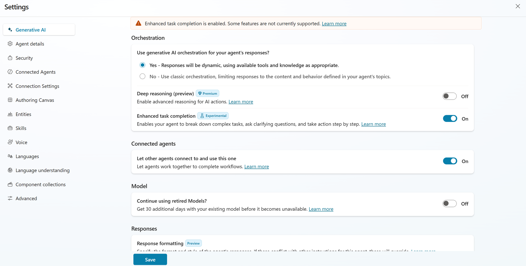 Settings panel showing Enhanced task completion enabled, with Save button