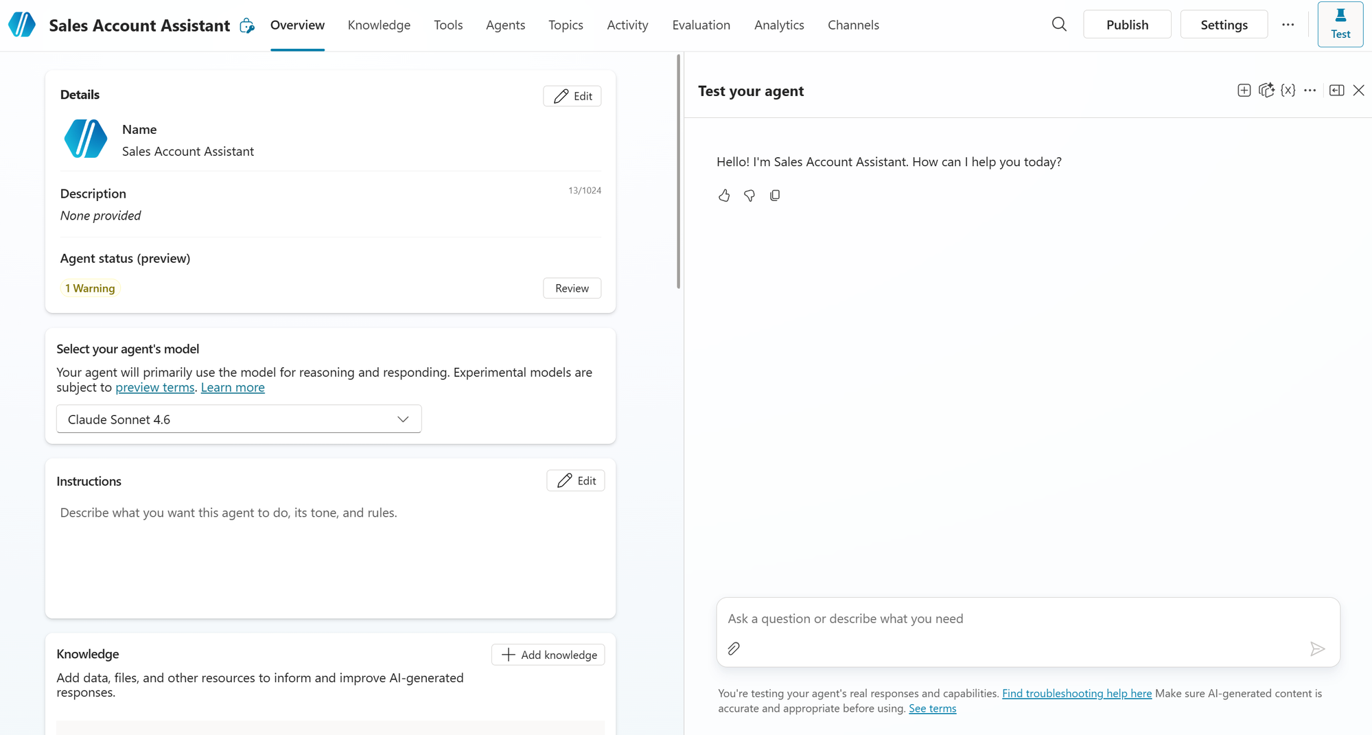 Sales Account Assistant Overview with the expanded Test pane after enabling ETC