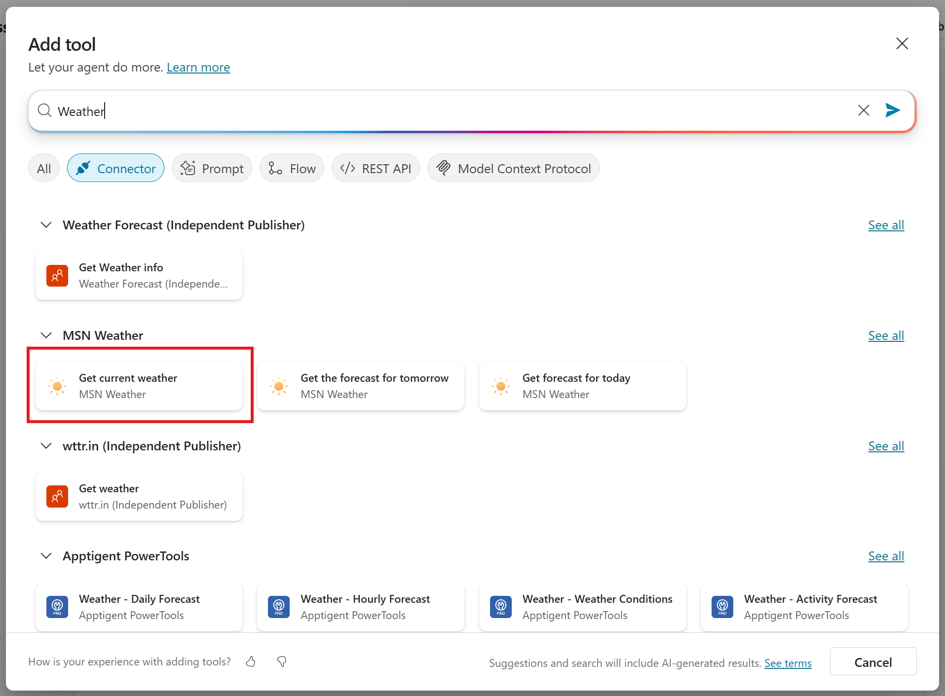 Add tool — Weather search with MSN Weather Get current weather highlighted
