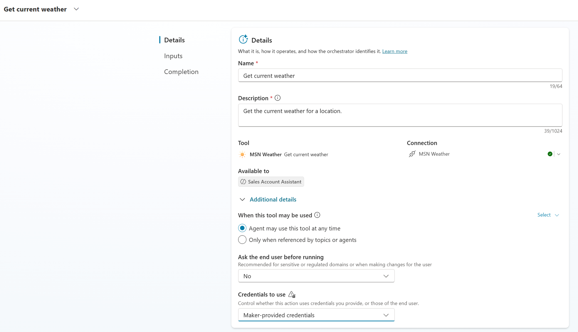 Get current weather — Maker-provided credentials in Additional details